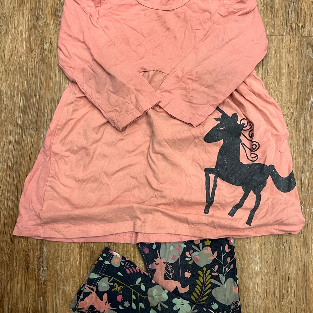Unicorn Print Girls Outfit - Peach and Black